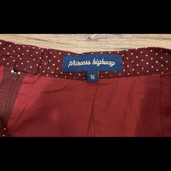 PRINCESS HIGHWAY A-line corduroy skirt. Maroon with mustard polka dots. Sz 16 - Picture 2 of 3